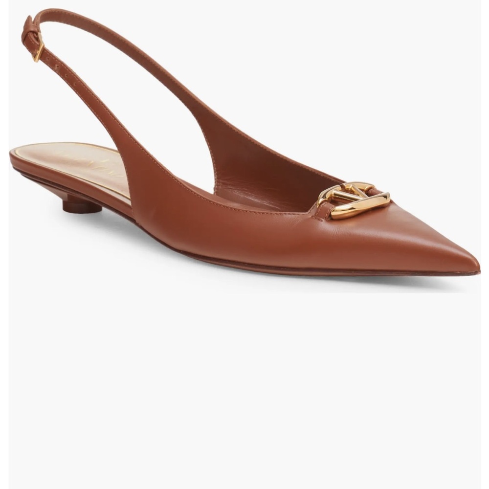 Valentino Garavani VLogo Brown Slingback Heels with Gold Accent 37